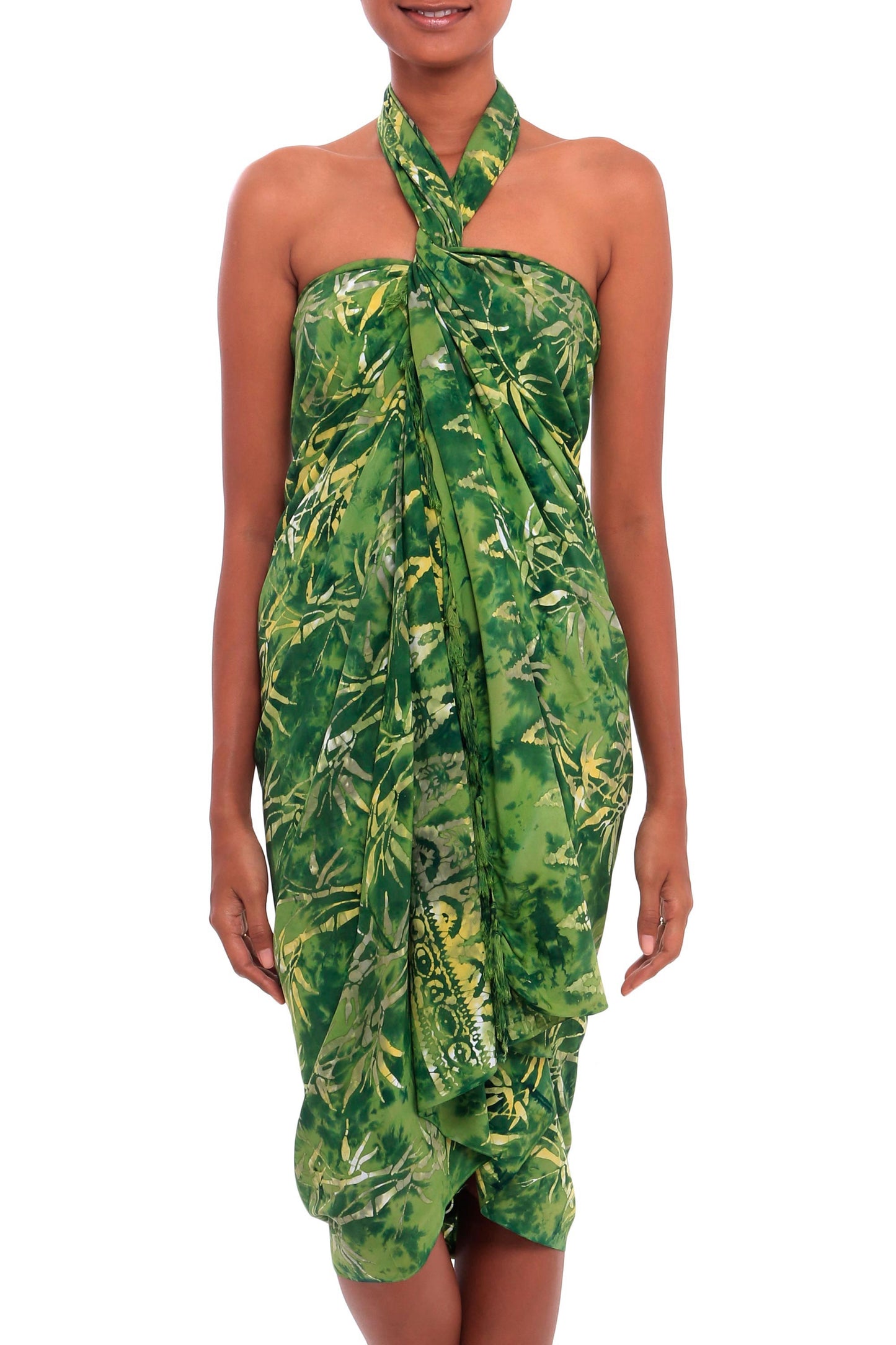 Dawning Mystery in Green Leaf Motif Batik Rayon Sarong in Green from Bali