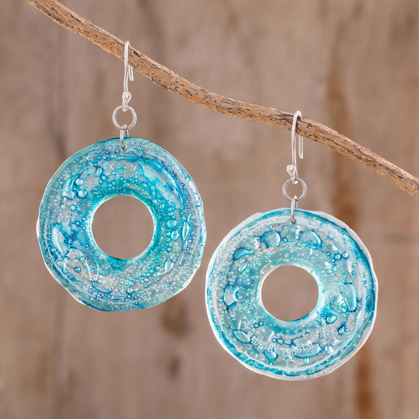 Blue Donuts Circular Recycled CD Dangle Earrings from Guatemala