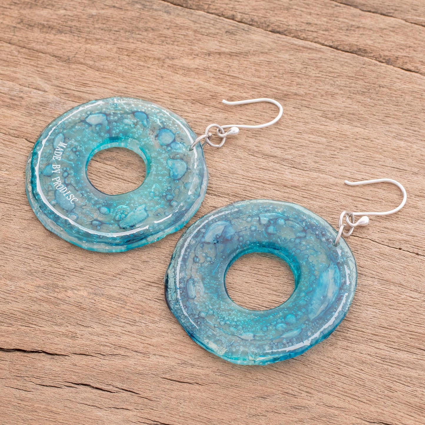 Blue Donuts Circular Recycled CD Dangle Earrings from Guatemala