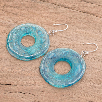 Blue Donuts Circular Recycled CD Dangle Earrings from Guatemala