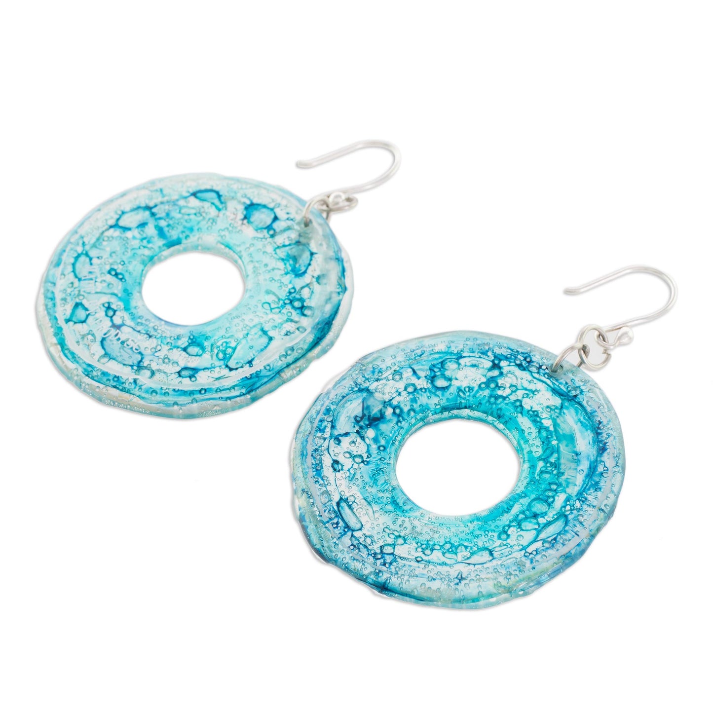 Blue Donuts Circular Recycled CD Dangle Earrings from Guatemala