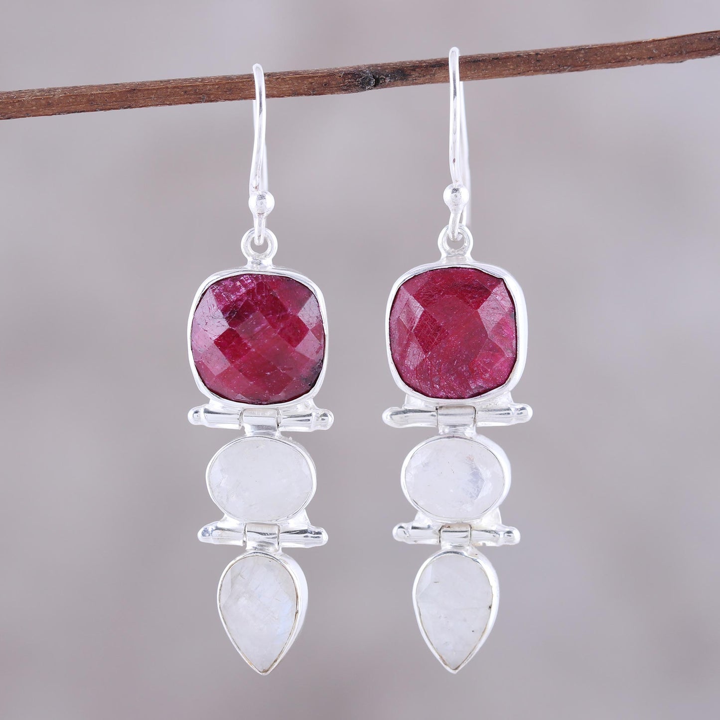 Glittering Muse Ruby and Rainbow Moonstone Dangle Earrings from India