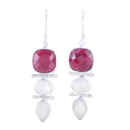 Glittering Muse Ruby and Rainbow Moonstone Dangle Earrings from India