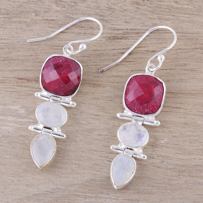 Glittering Muse Ruby and Rainbow Moonstone Dangle Earrings from India