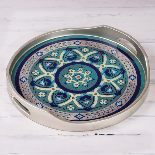 Floral Intricacy in Silver Silver-Tone Reverse-Painted Glass Tray from Peru