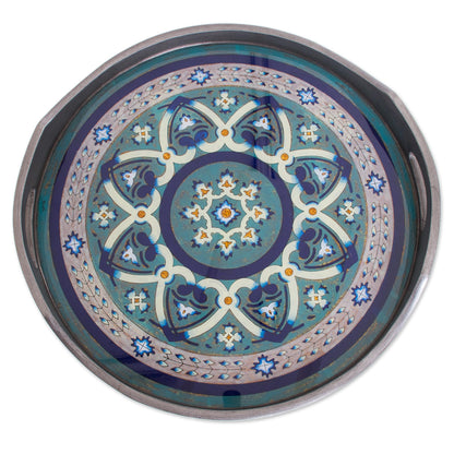 Floral Intricacy in Steel Steel-Tone Reverse-Painted Glass Tray from Peru
