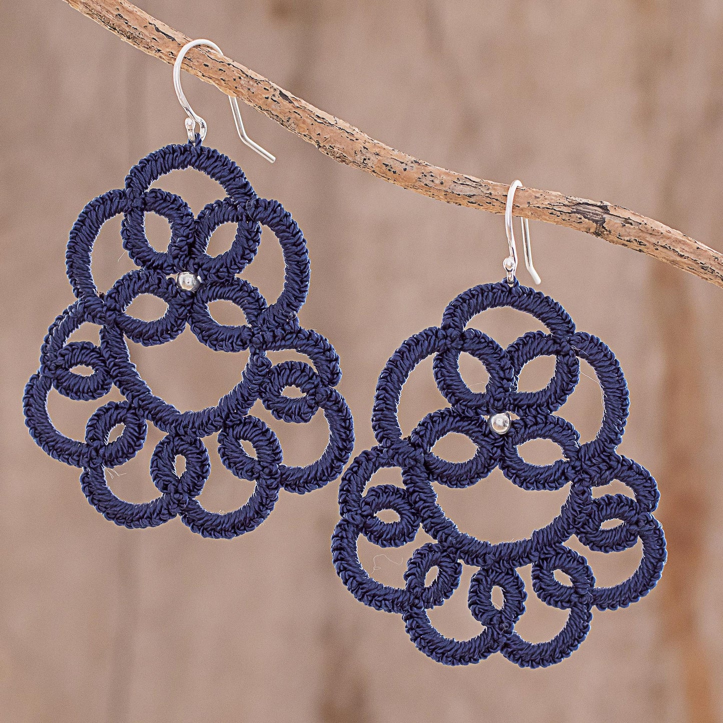 Elegant Swirls in Indigo Hand-Tatted Dangle Earrings in Indigo from Guatemala