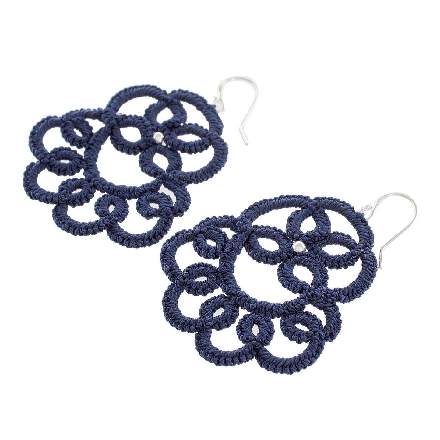 Elegant Swirls in Indigo Hand-Tatted Dangle Earrings in Indigo from Guatemala