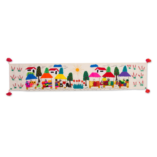 Andean Market Cultural Cotton Arpillera Table Runner from Peru