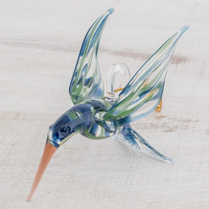 Trochilinae Hummingbird Handblown Glass Blue and Green Humminbird Figurine