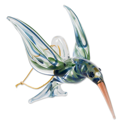 Trochilinae Hummingbird Handblown Glass Blue and Green Humminbird Figurine