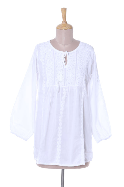 Gorgeous Chikankari Hand-Embroidered Cotton Tunic in White from India