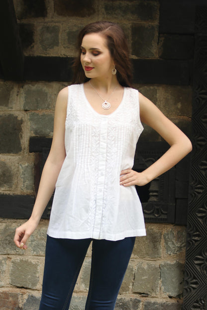 Floral Flirt Sleeveless Floral White Blouse Hand Embroidered in India