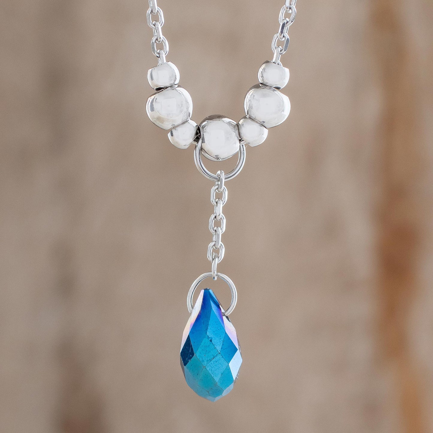 Glittering Drop in Blue Crystal Drop Pendant Necklace in Blue from Costa Rica