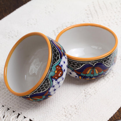 Zacatlan Flowers Hand-Painted Ceramic Bowls from Mexico (Pair)