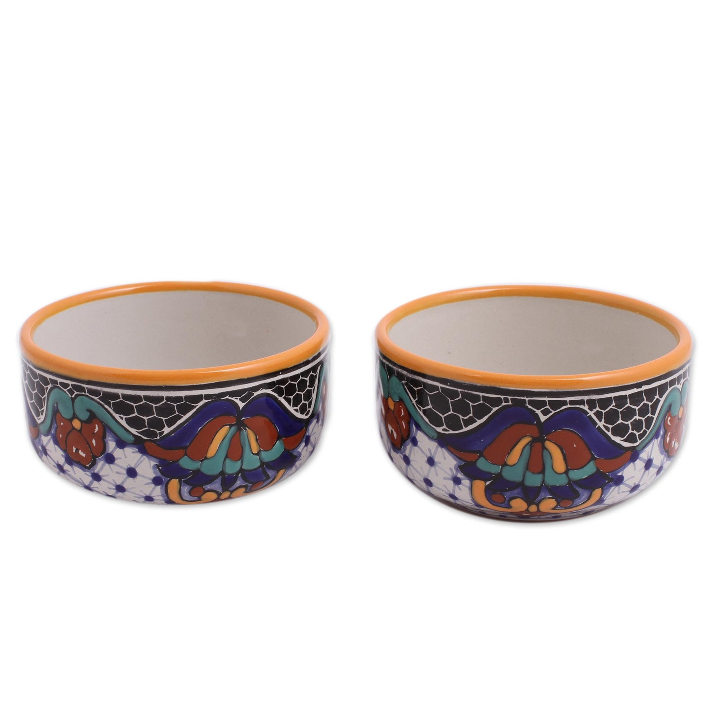 Zacatlan Flowers Hand-Painted Ceramic Bowls from Mexico (Pair)