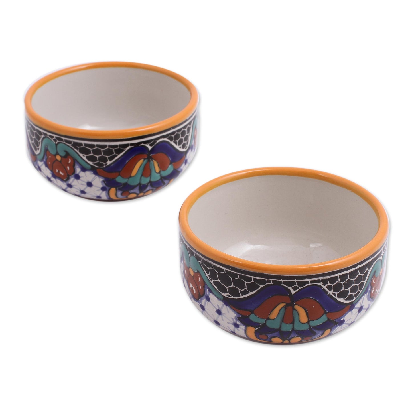 Zacatlan Flowers Hand-Painted Ceramic Bowls from Mexico (Pair)