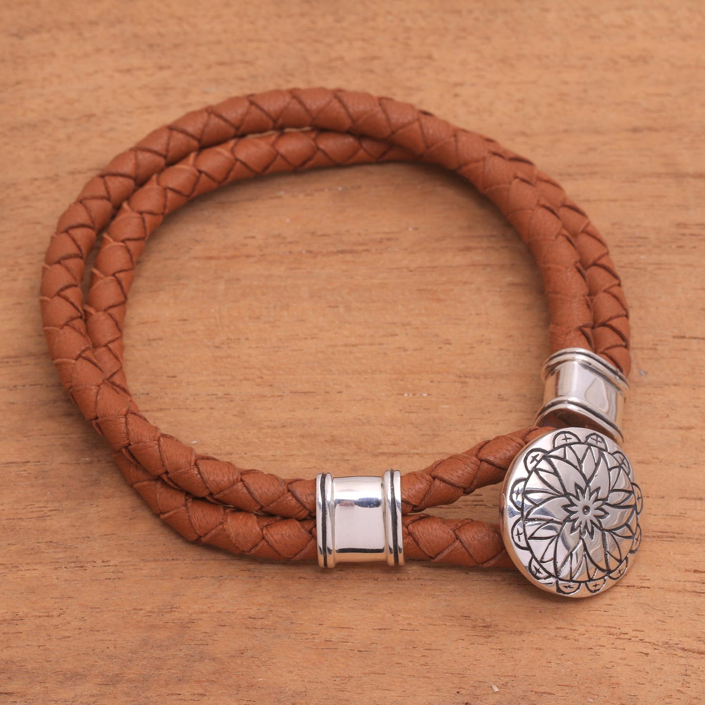 Lotus Leather Accent Sterling Silver Bracelet with Lotus Pendant