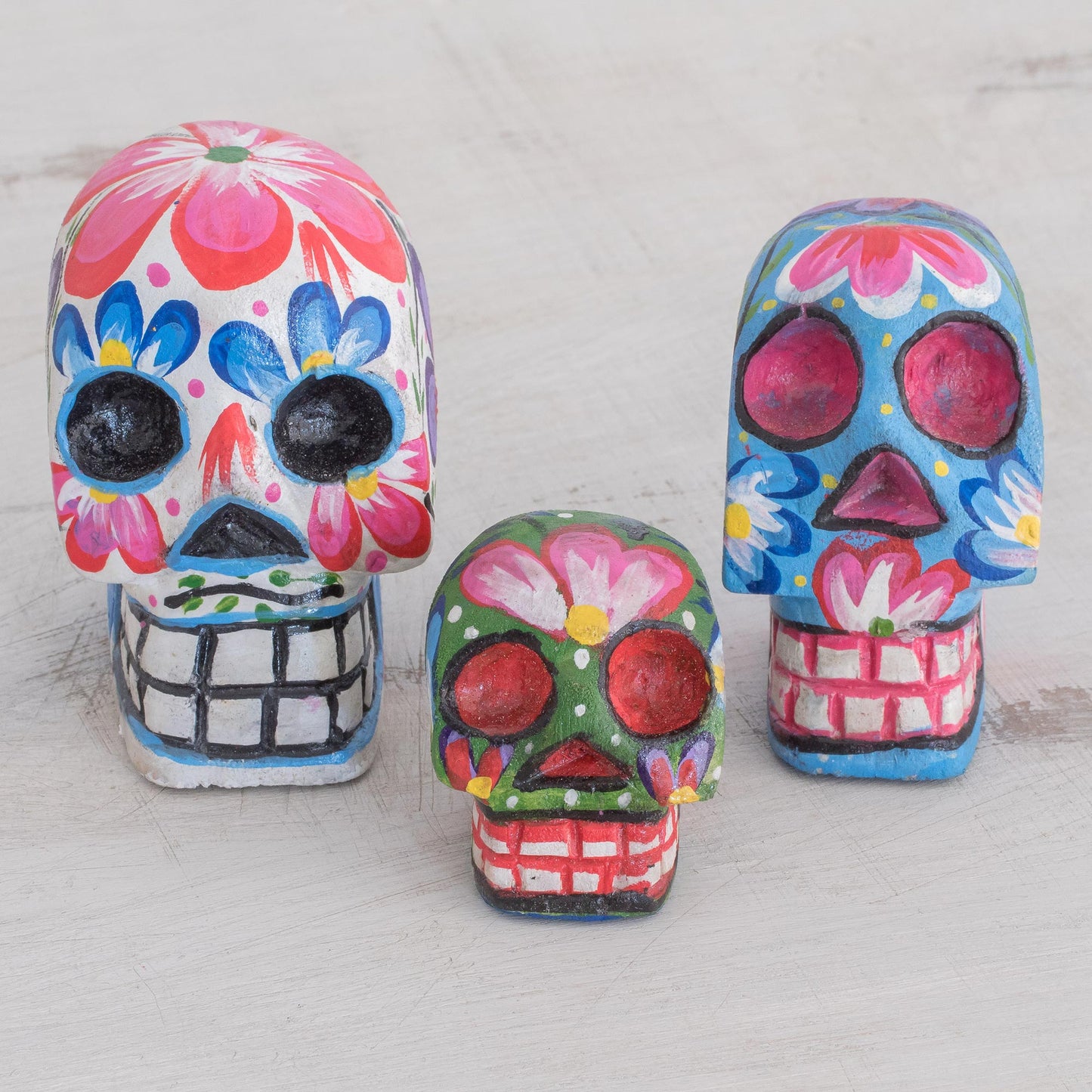 Life and Color Wood Floral Skull Figurines from Guatemala (Set of 3)