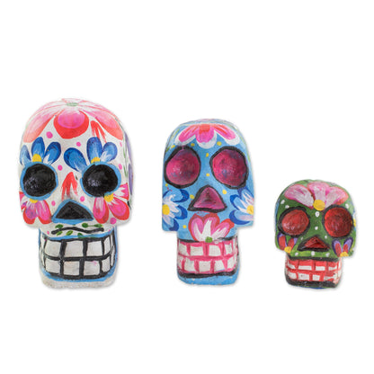 Life and Color Wood Floral Skull Figurines from Guatemala (Set of 3)