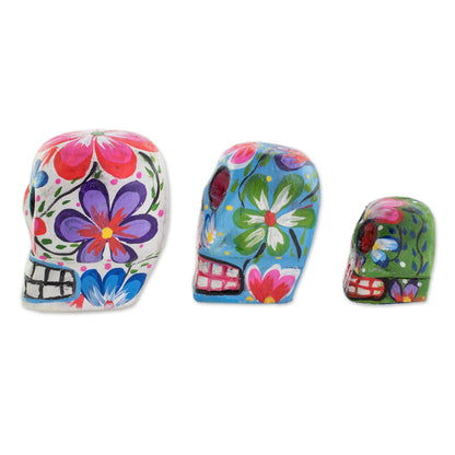 Life and Color Wood Floral Skull Figurines from Guatemala (Set of 3)