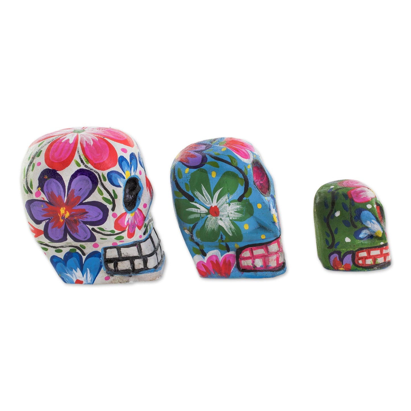 Life and Color Wood Floral Skull Figurines from Guatemala (Set of 3)