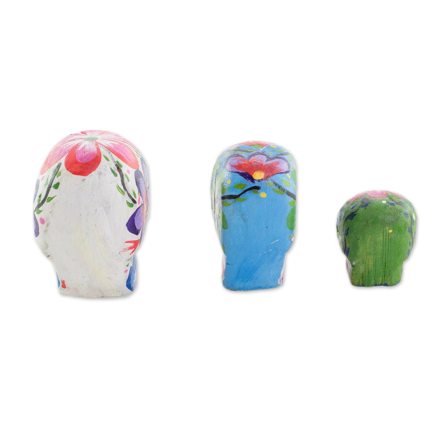 Life and Color Wood Floral Skull Figurines from Guatemala (Set of 3)