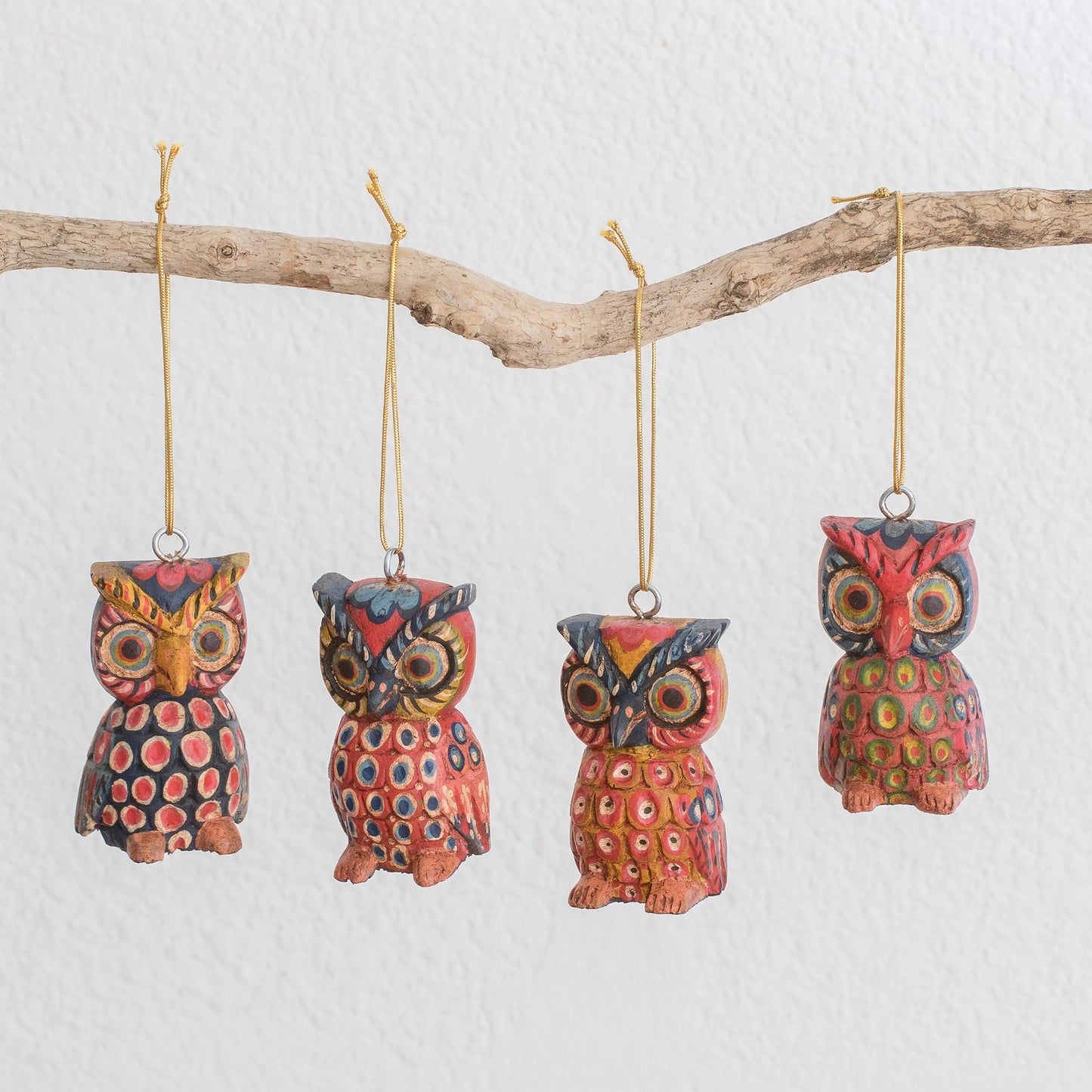 Celebratory Owls Pinewood Owl Ornaments from Guatemala (Set of 4)