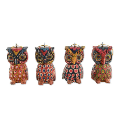 Celebratory Owls Pinewood Owl Ornaments from Guatemala (Set of 4)