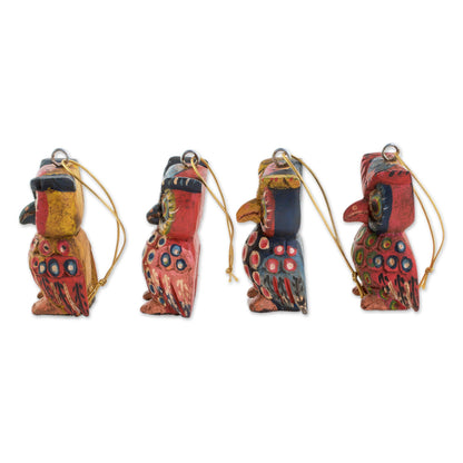 Celebratory Owls Pinewood Owl Ornaments from Guatemala (Set of 4)