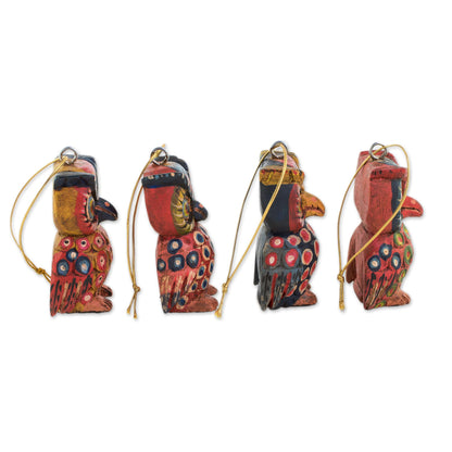 Celebratory Owls Pinewood Owl Ornaments from Guatemala (Set of 4)