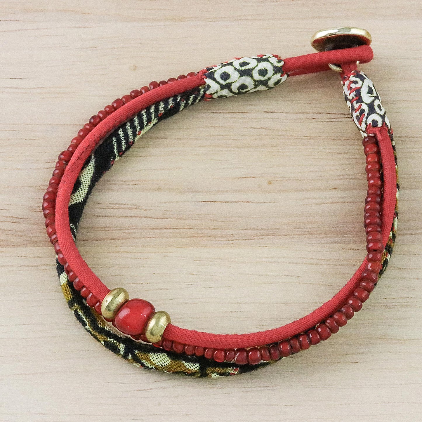 Raging Red Cotton and Glass Beaded Eclectic Boho Fabric Bracelet in Red