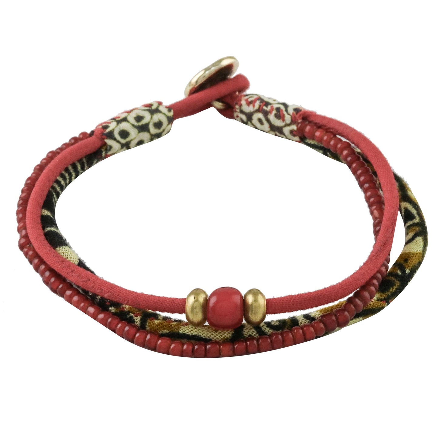 Raging Red Cotton and Glass Beaded Eclectic Boho Fabric Bracelet in Red