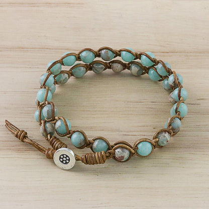 Sky Orbs Jasper Beaded Wrap Bracelet in Blue from Thailand