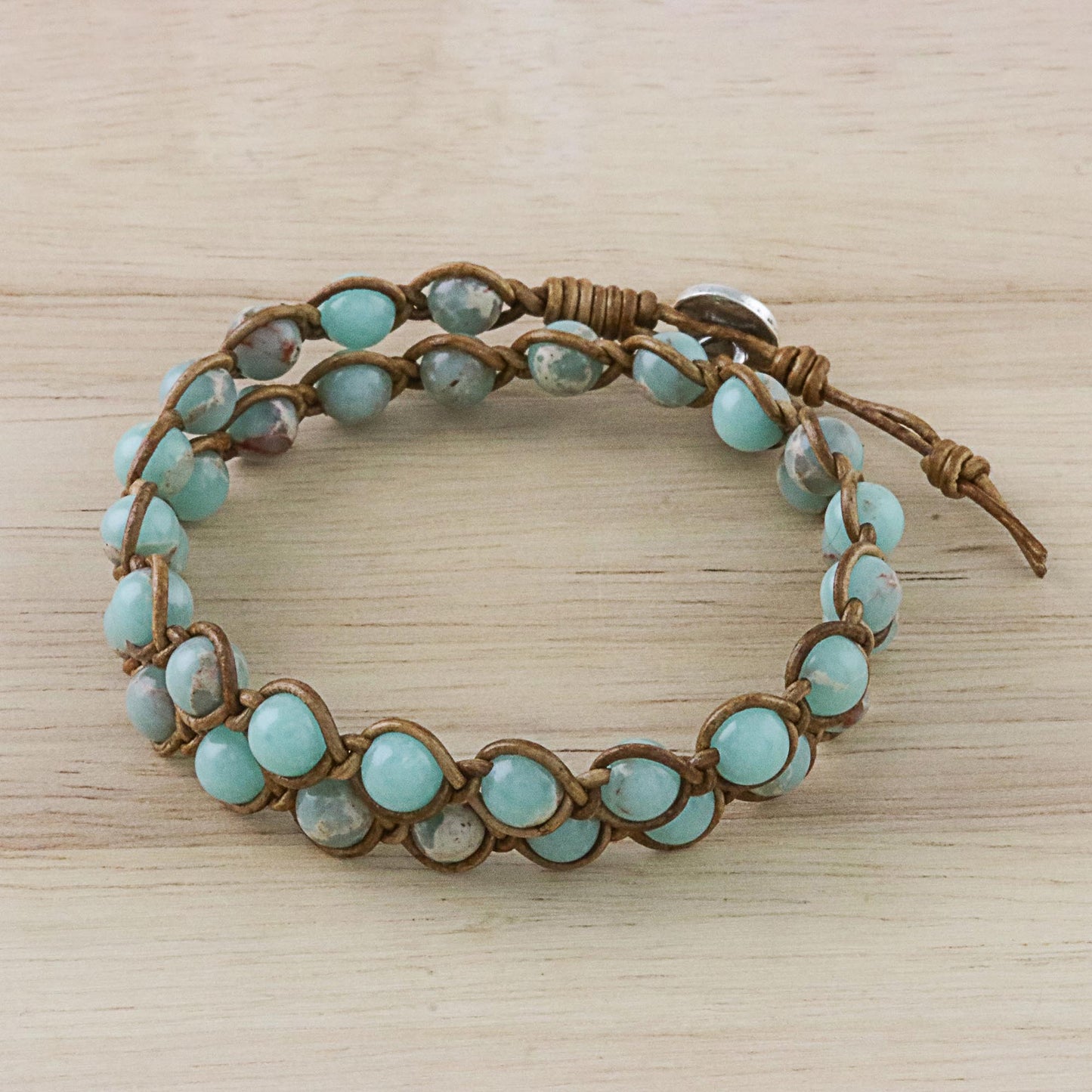 Sky Orbs Jasper Beaded Wrap Bracelet in Blue from Thailand