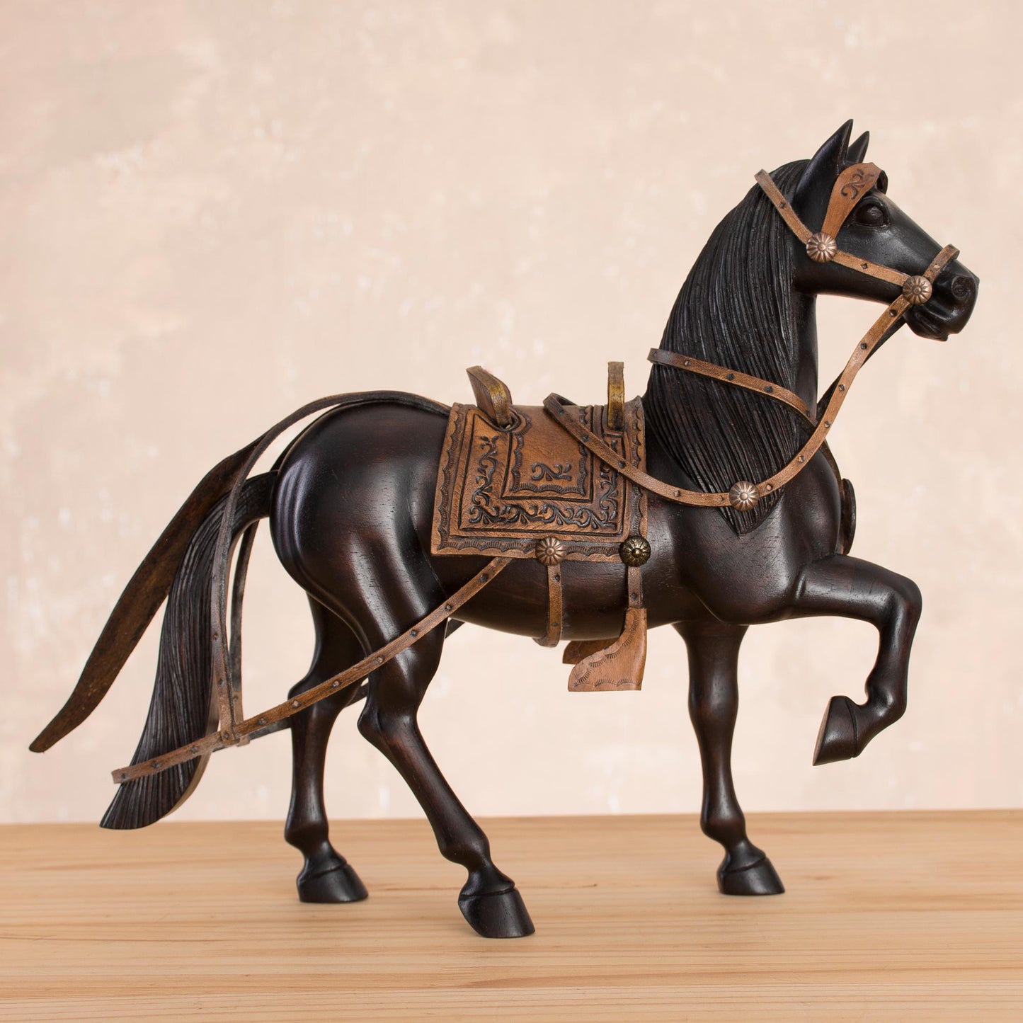 Peruvian Paso Horse Cedar Wood and Leather Horse Sculpture from Peru (11.5 in.)