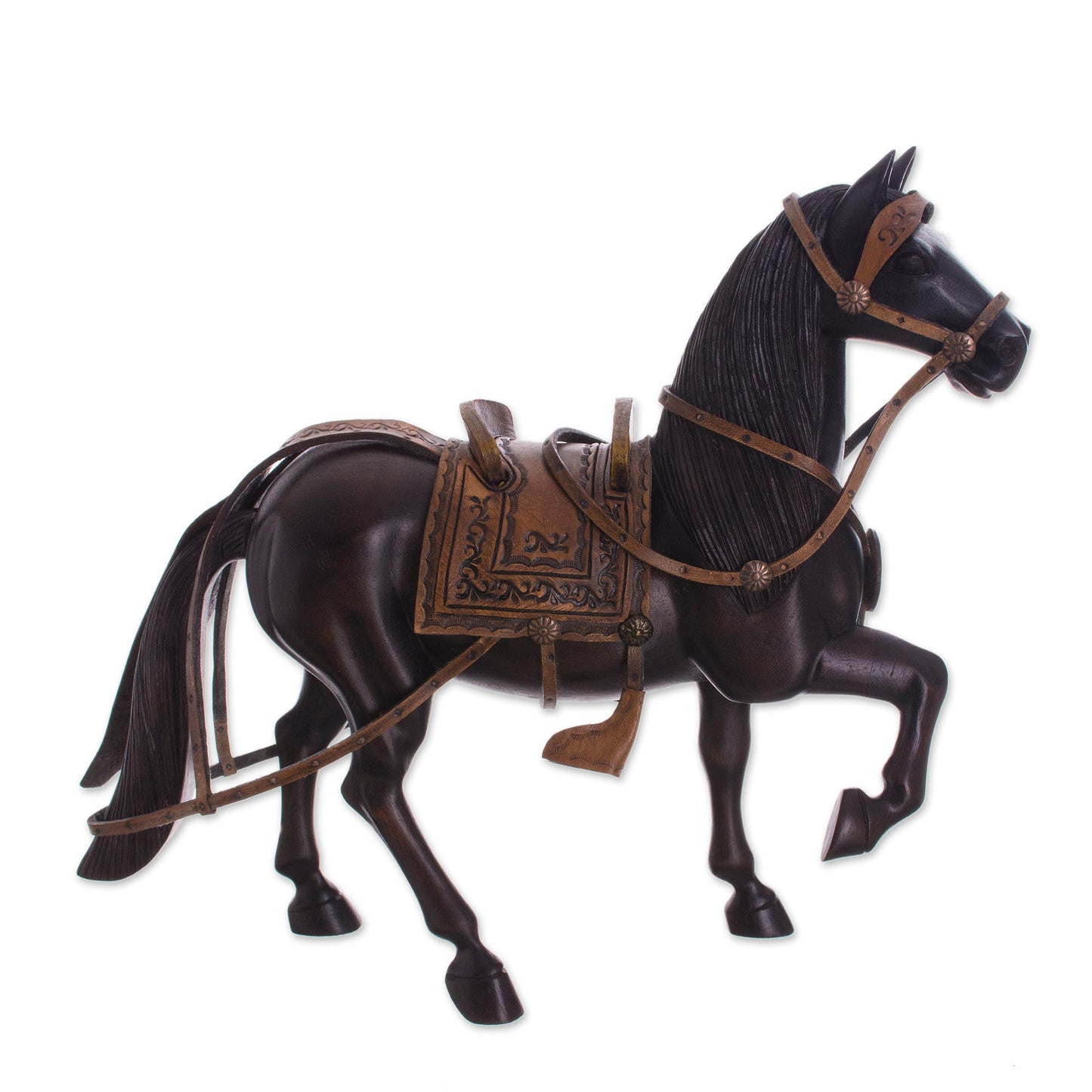 Peruvian Paso Horse Cedar Wood and Leather Horse Sculpture from Peru (11.5 in.)