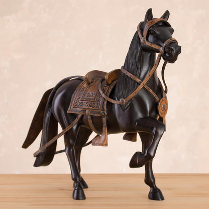 Peruvian Paso Horse Cedar Wood and Leather Horse Sculpture from Peru (11.5 in.)