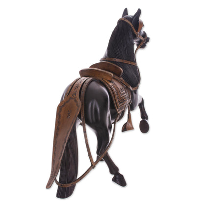 Peruvian Paso Horse Cedar Wood and Leather Horse Sculpture from Peru (11.5 in.)