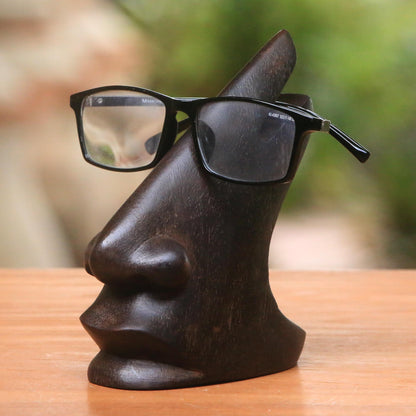 Prominent Nose in Dark Brown Wood Eyeglasses Stand in Dark Brown from Bali