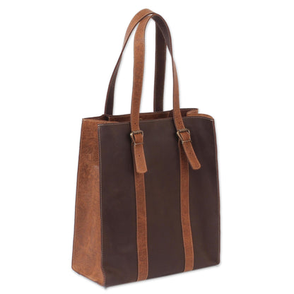 Contemporary Espresso Handmade Leather Tote in Chestnut and Espresso from Mexico