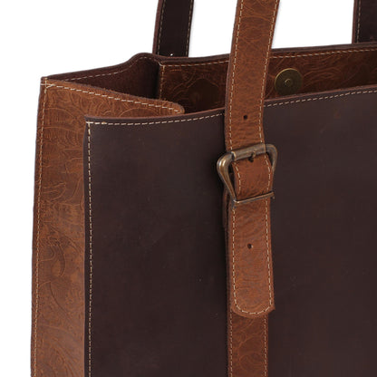 Contemporary Espresso Handmade Leather Tote in Chestnut and Espresso from Mexico