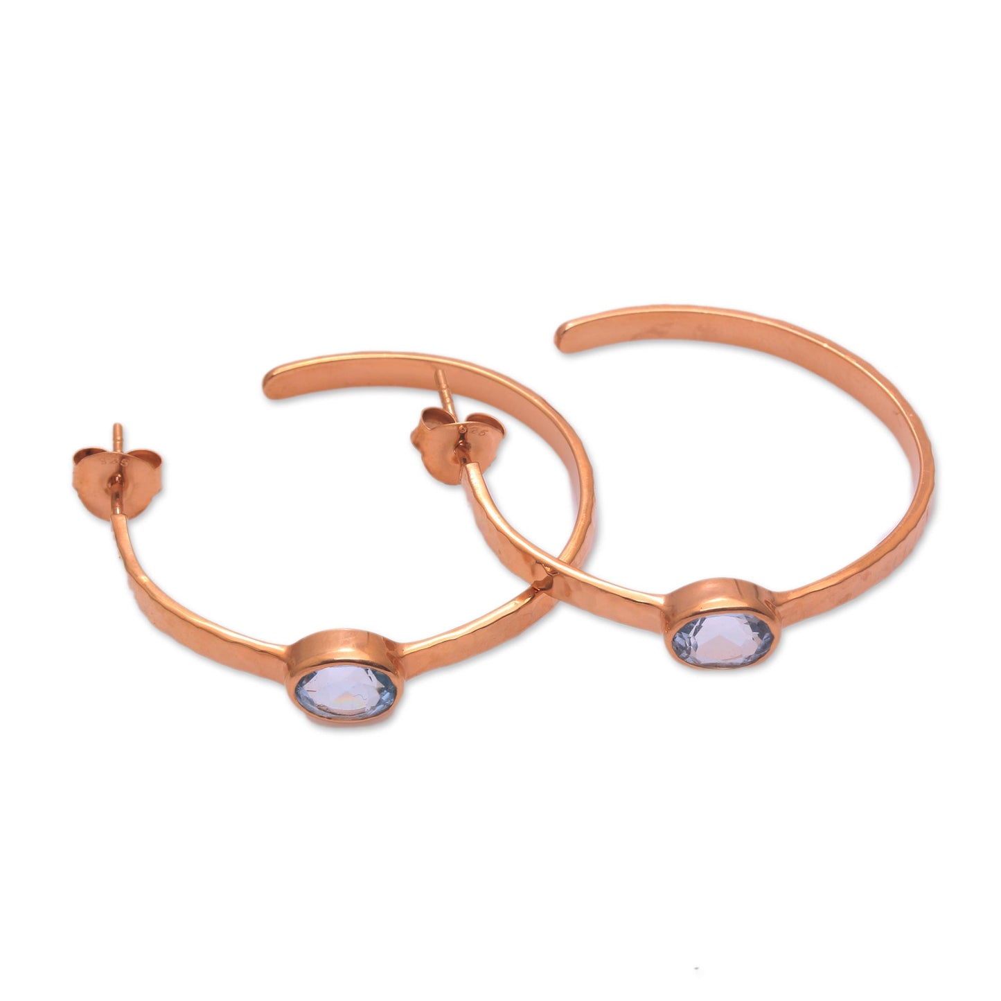 Paradox Rose Gold Plated Blue Topaz Hammered Half Hoop Earrings