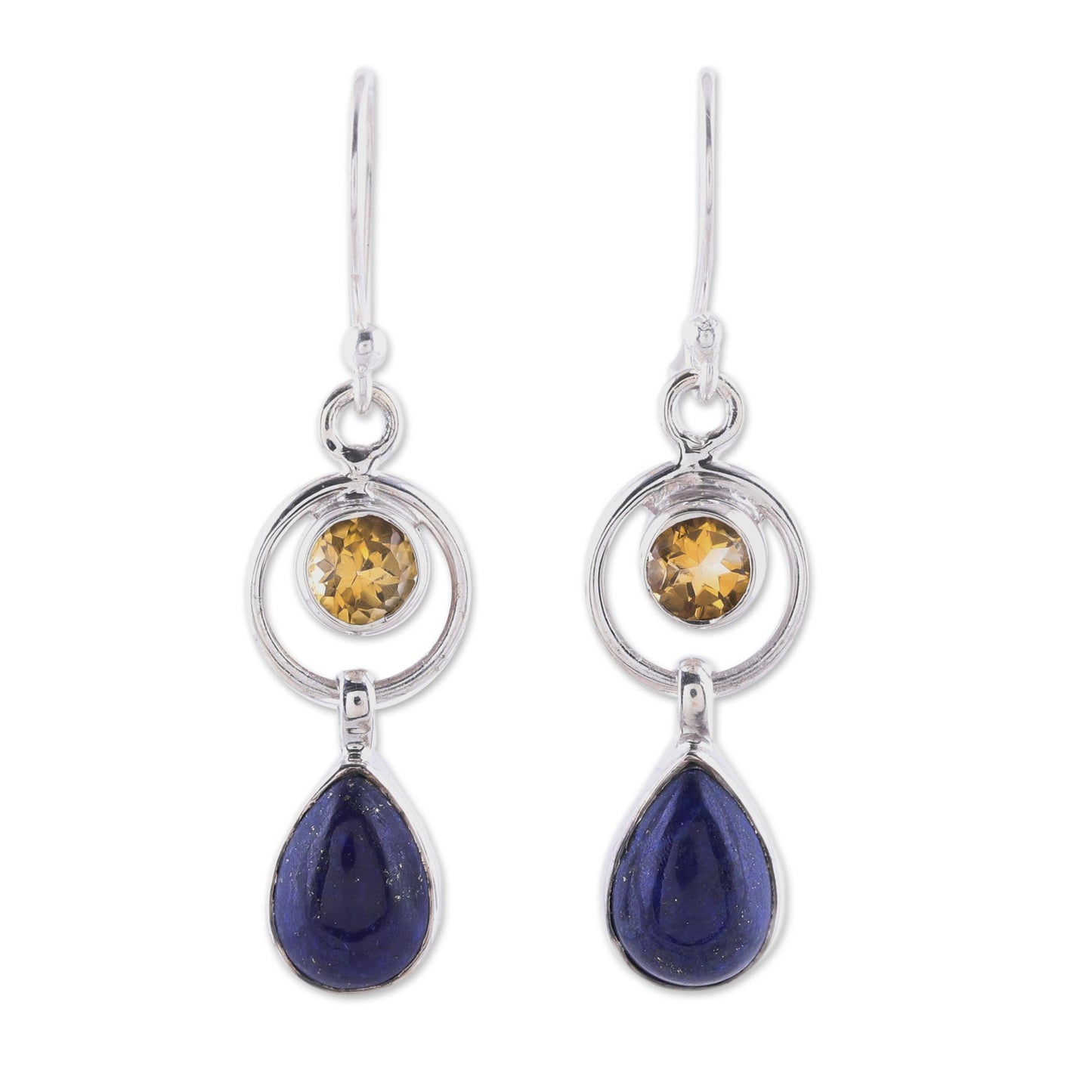 Gleaming Midnight Lapis Lazuli and Citrine Dangle Earrings from India