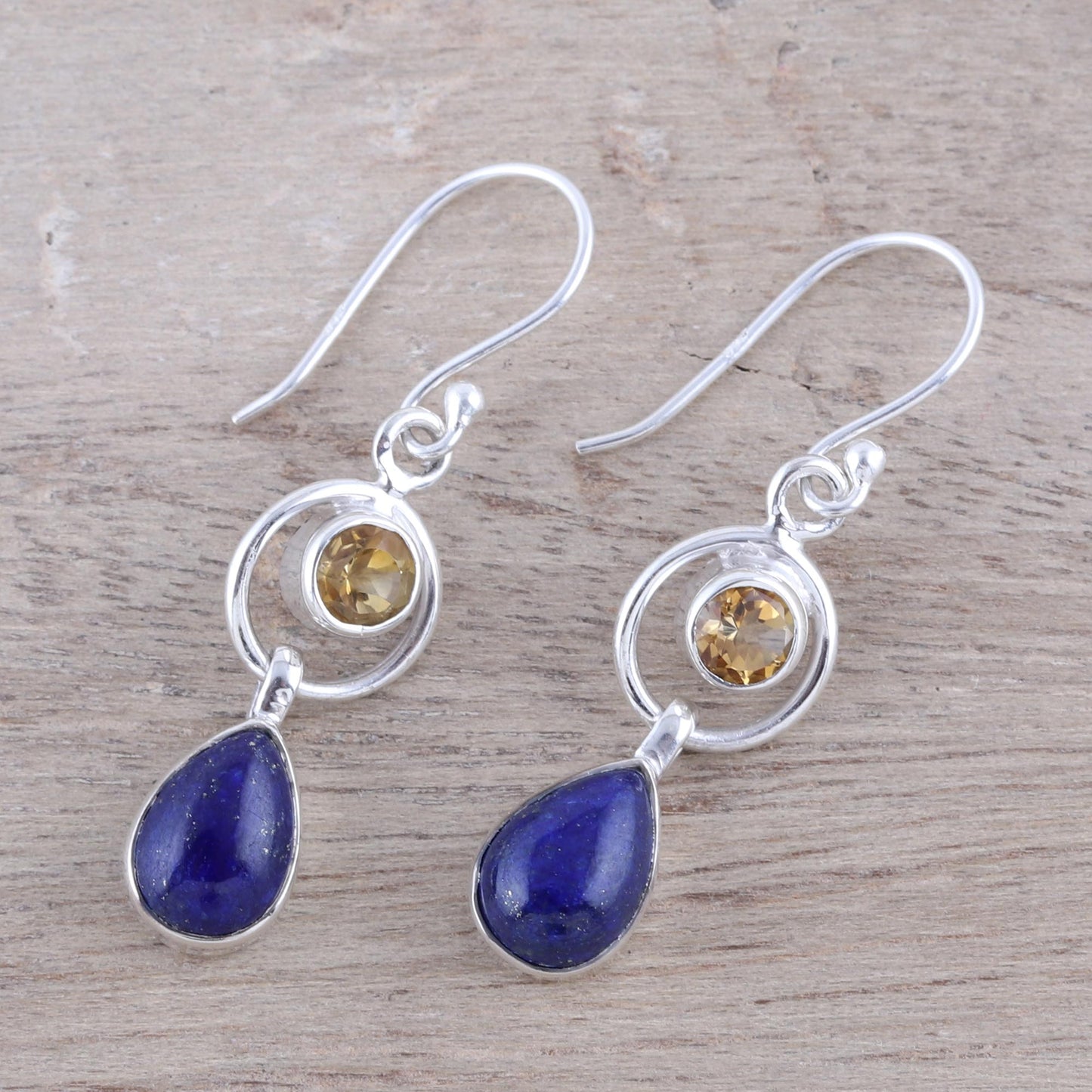 Gleaming Midnight Lapis Lazuli and Citrine Dangle Earrings from India