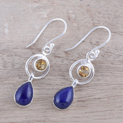 Gleaming Midnight Lapis Lazuli and Citrine Dangle Earrings from India