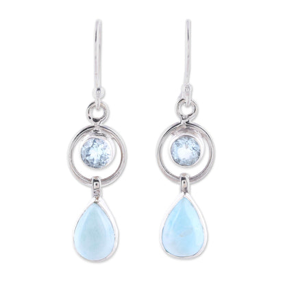 Gleaming Daylight Larimar and Blue Topaz Dangle Earrings from India