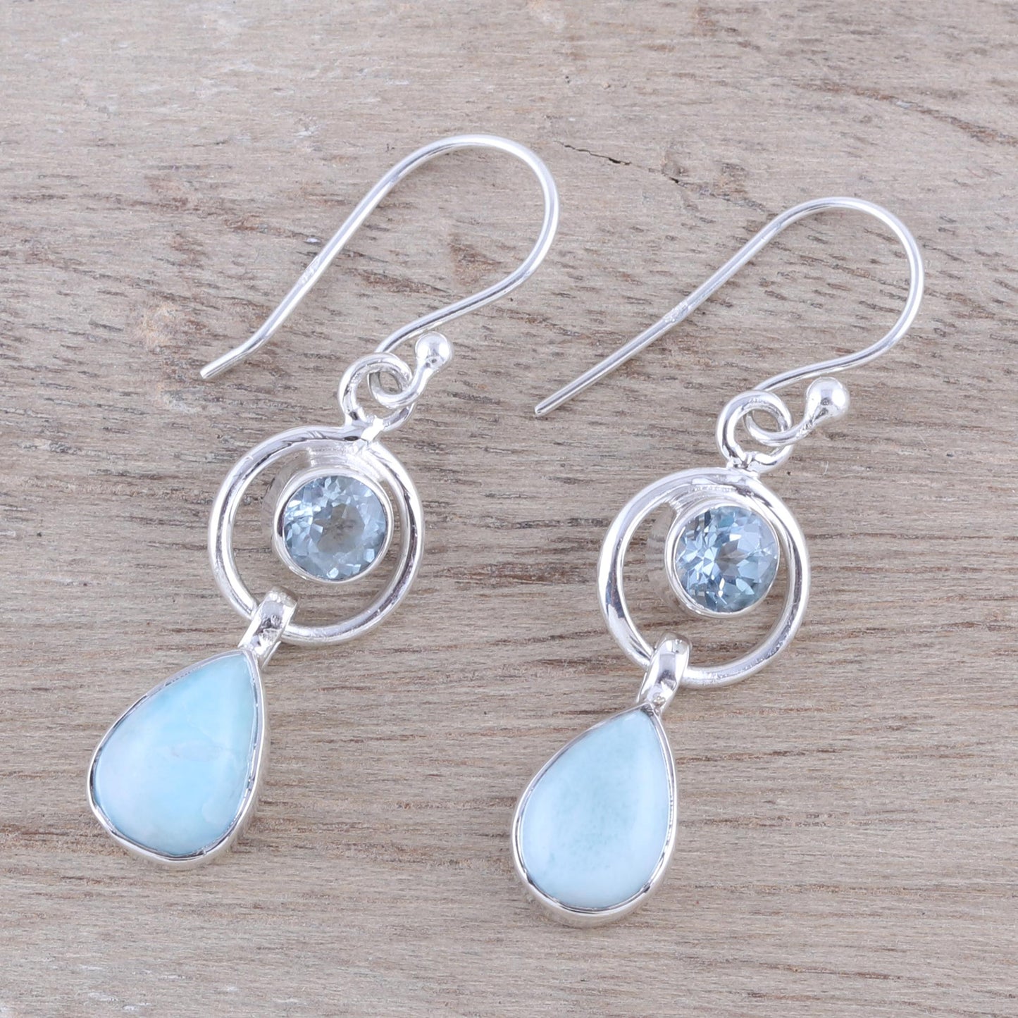 Gleaming Daylight Larimar and Blue Topaz Dangle Earrings from India