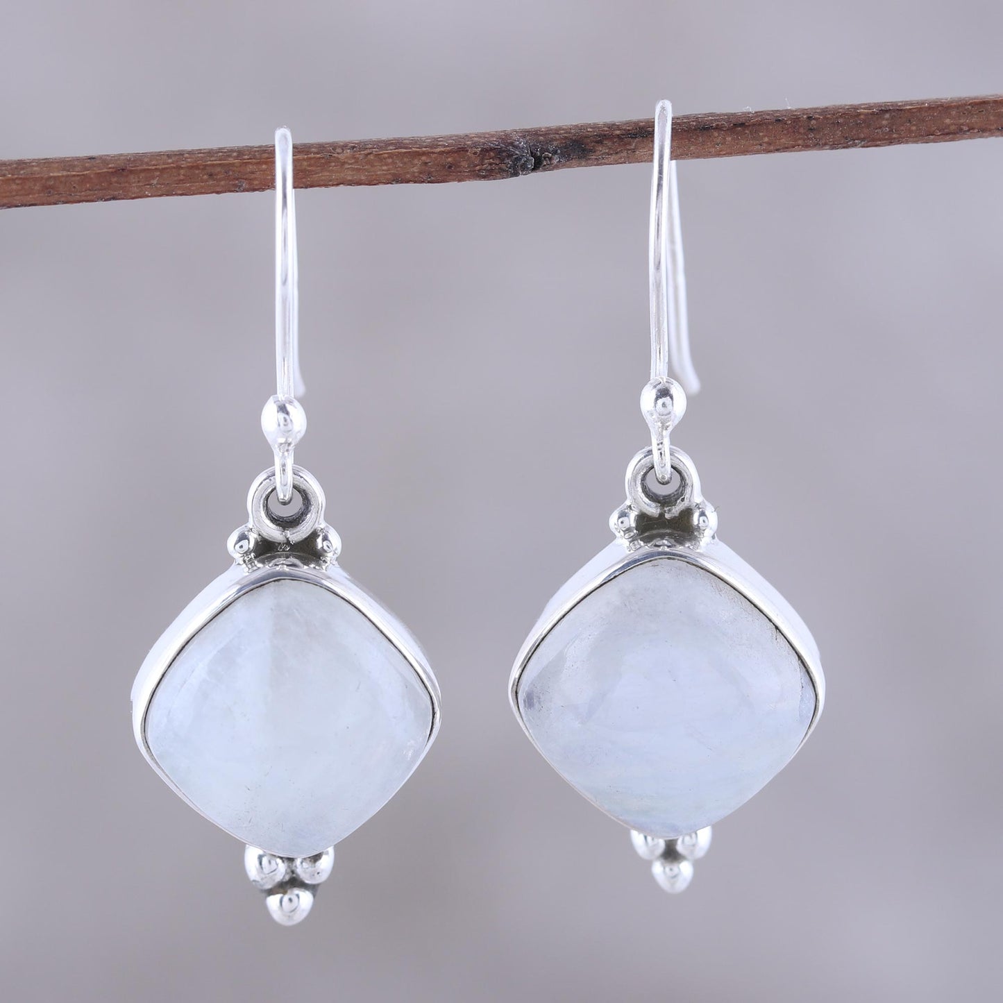 Gleaming Grandeur Rainbow Moonstone Dangle Earrings from India