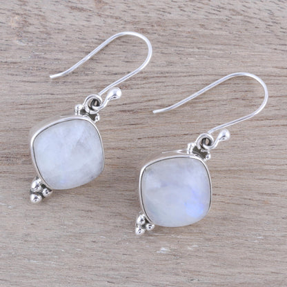 Gleaming Grandeur Rainbow Moonstone Dangle Earrings from India